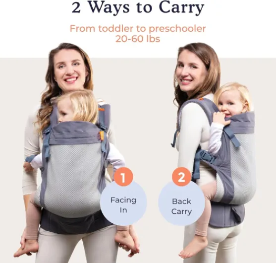 Toddler Porte-enfant avec Assise Extralarge - Porte-enfant 100% Polyester Maille Performance 3D Léger et Respirant - Portage Avant et Arrière - Pour les Enfants Pesant entre 9 et 27 kg Gris Foncé