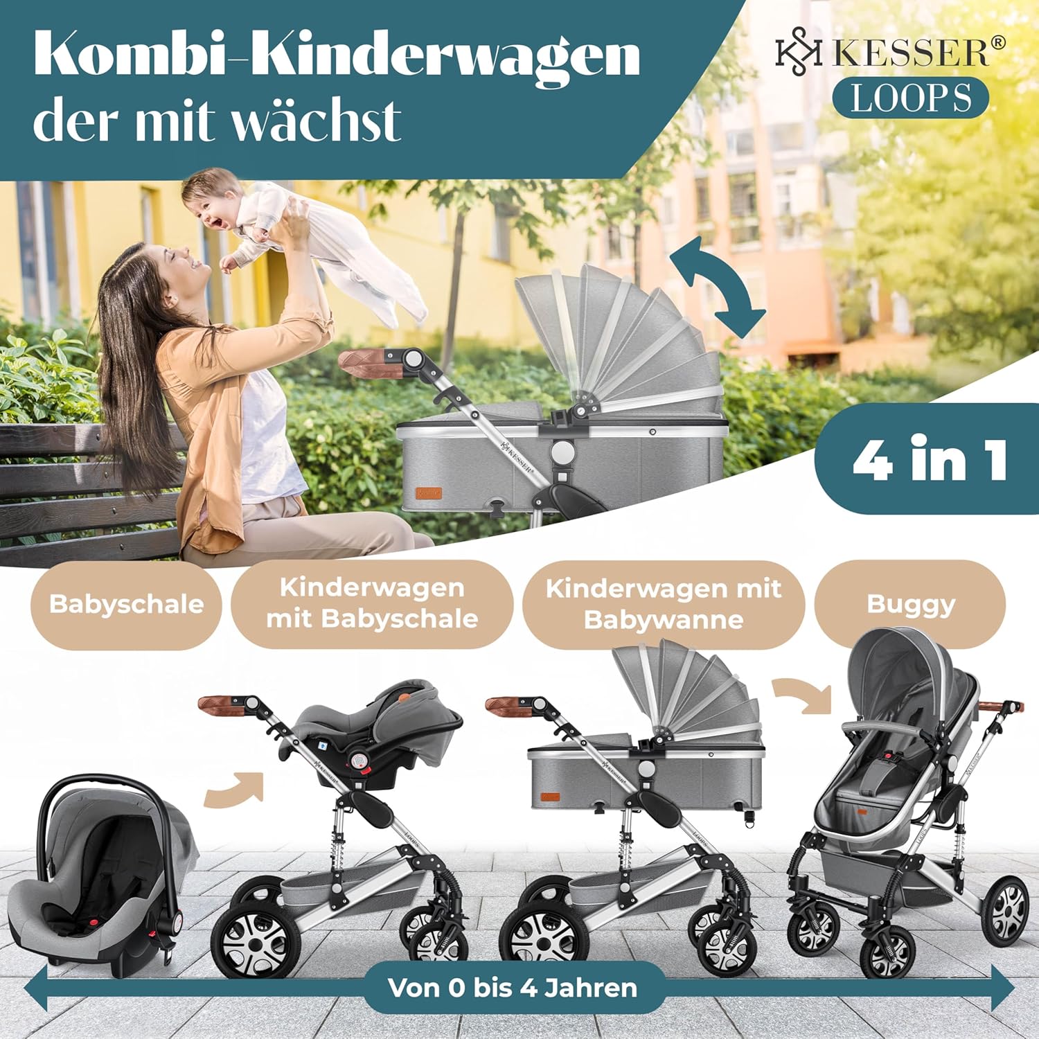 Ensemble poussette combinée 4 en 1 KESSER® avec nacelle, siège poussette, pneus en caoutchouc plein, sac à langer, protection contre la pluie, tablette pour enfant, ECE R129, Gris Asphalte/Argent