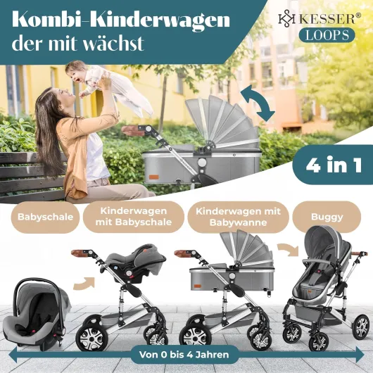 Ensemble poussette combinée 4 en 1 KESSER® avec nacelle, siège poussette, pneus en caoutchouc plein, sac à langer, protection contre la pluie, tablette pour enfant, ECE R129, Gris Asphalte/Argent