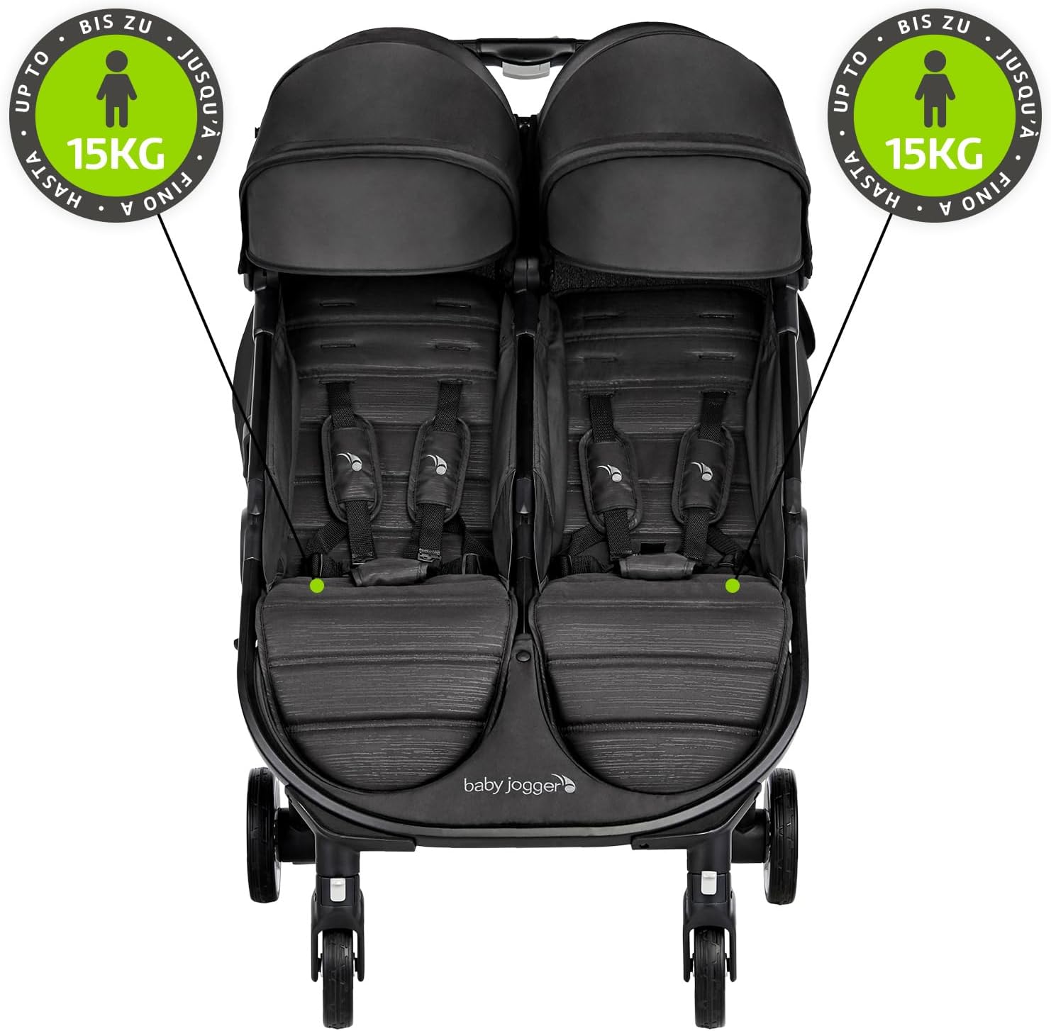 City Tour 2 Double Poussette double pour frères et sœurs pour voyager - Poussette jumelle légère, pliable et portable - Pitch Black (noir)