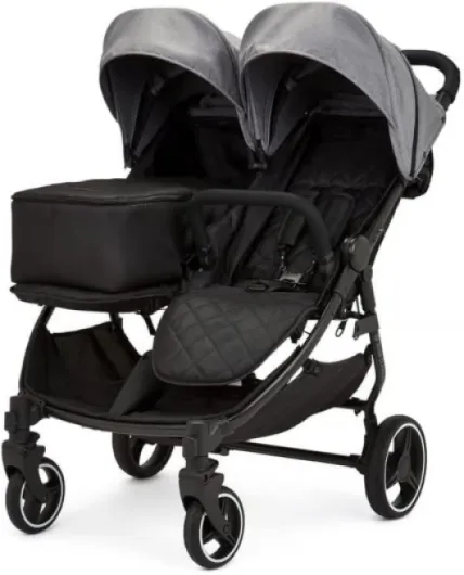 Venus Prime Poussette Double – Naissance à 15 kg (environ 3 ans), poussette double légère et pliable avec cocon pour nouveau-né, 2 chauffe-pieds matelassés et habillage pluie (Gris)