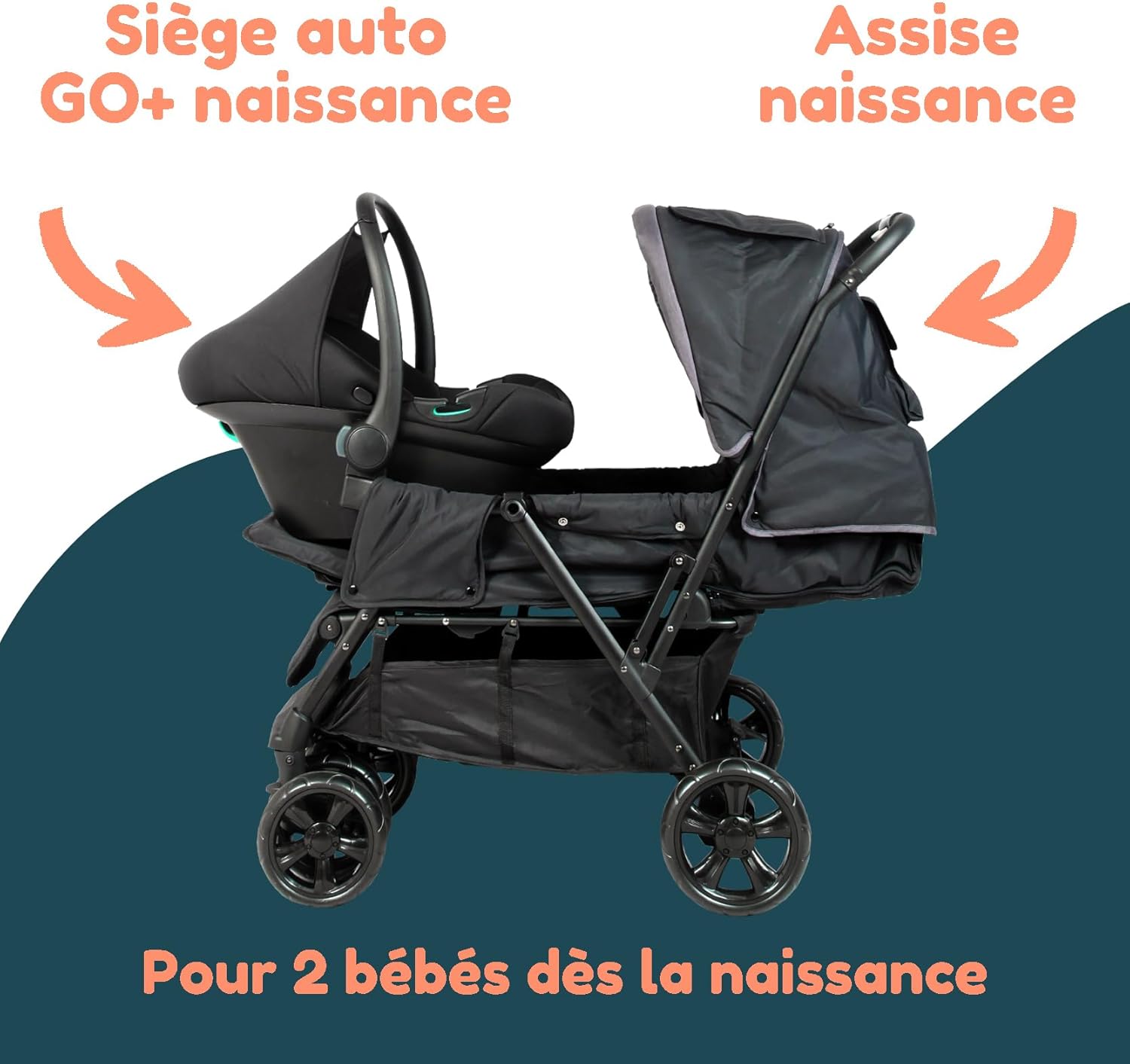 Poussette Double 2-en-1 pour Jumeaux dès la Naissance - Cosy Siège Auto Gr0+ i-Size Inclus, Pliable avec Habillage Pluie et Grand Panier - Noir et Gris Chiné