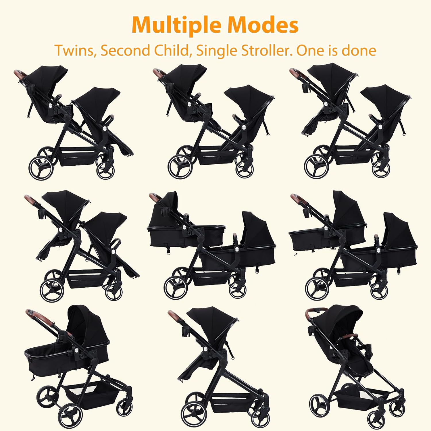 Poussette Double Légère Landau Pliable de Voyage, Poussette Tandem Compacte Avec Siéges Réversibles, Nacelle Bébé, Charge Max 30 kg, de la Naissance à 36 Mois