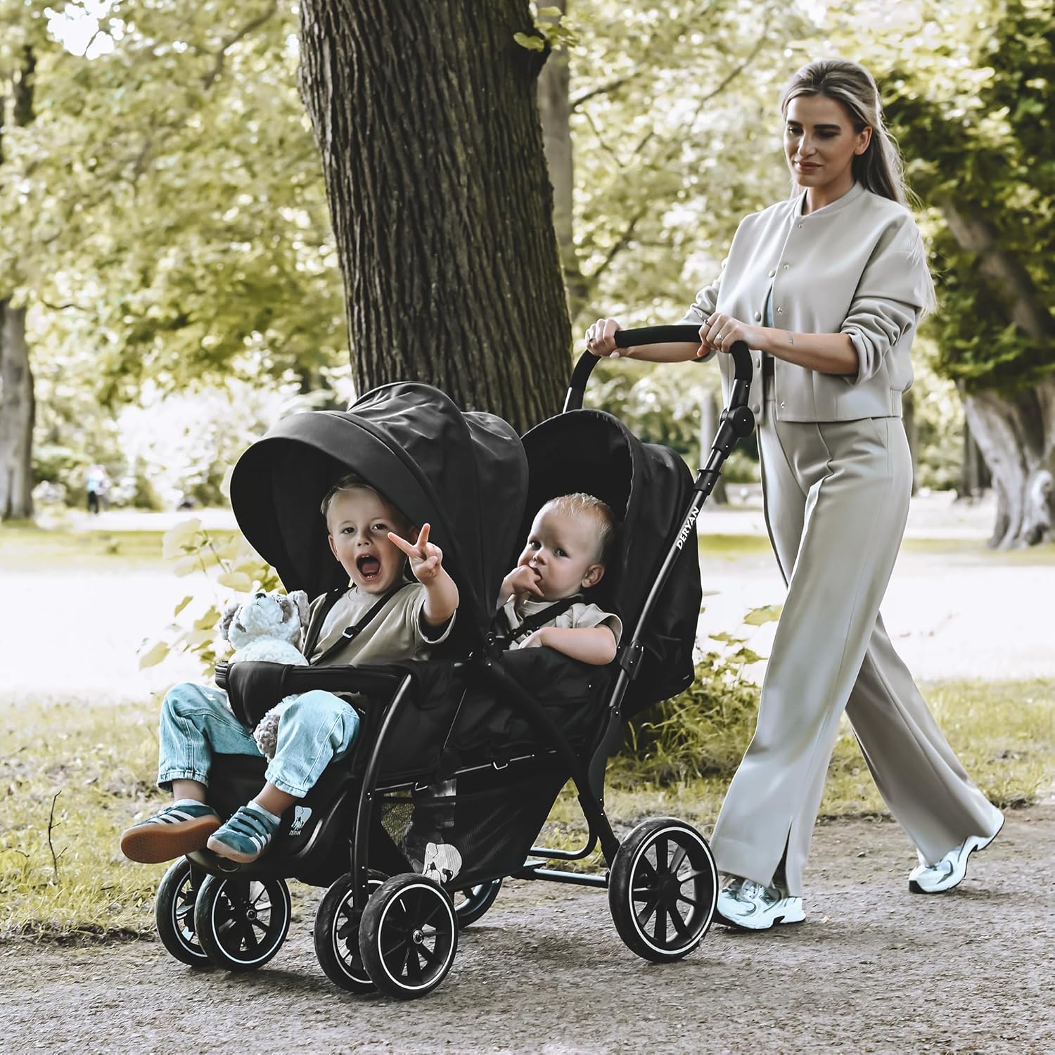 Elena Poussette Duo Tandem pour Enfants - Double Duett avec Harnais 5 points et Ajustable à 4 ans (Noir)