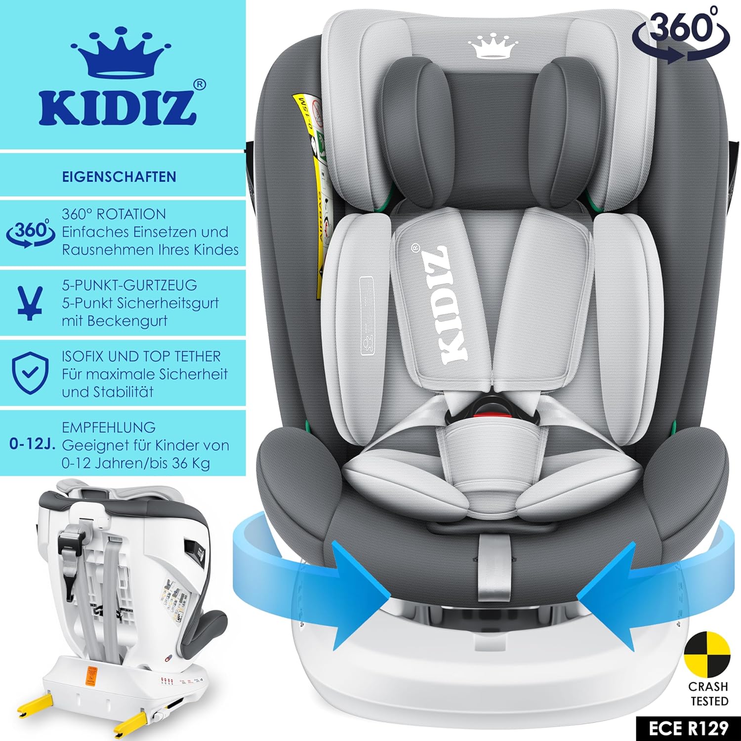KIDIZ® Siège auto pour enfant - Siège auto pour bébé - Siège auto pour enfant Isofix Top Tether - pivotant à 360°, groupe 0/1/2/3, dès la naissance, de 0 à 36 kg - Avec pare-soleil, anthracite Anthrazit