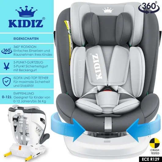 KIDIZ® Siège auto pour enfant - Siège auto pour bébé - Siège auto pour enfant Isofix Top Tether - pivotant à 360°, groupe 0/1/2/3, dès la naissance, de 0 à 36 kg - Avec pare-soleil, anthracite Anthrazit
