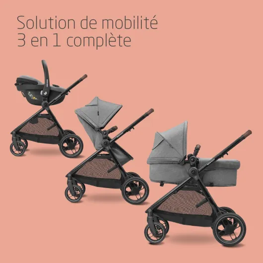 Maxi-Cosi Zelia S Trio Poussette 3 en 1, 0 à 4 Ans, Jusqu'à 22 kg, Poussette Bébé Pliable, Compacte et Inclinable, avec Siège Auto Bébé CabrioFix S i-Size, Accessoires, Sac à Langer, Gris Grey