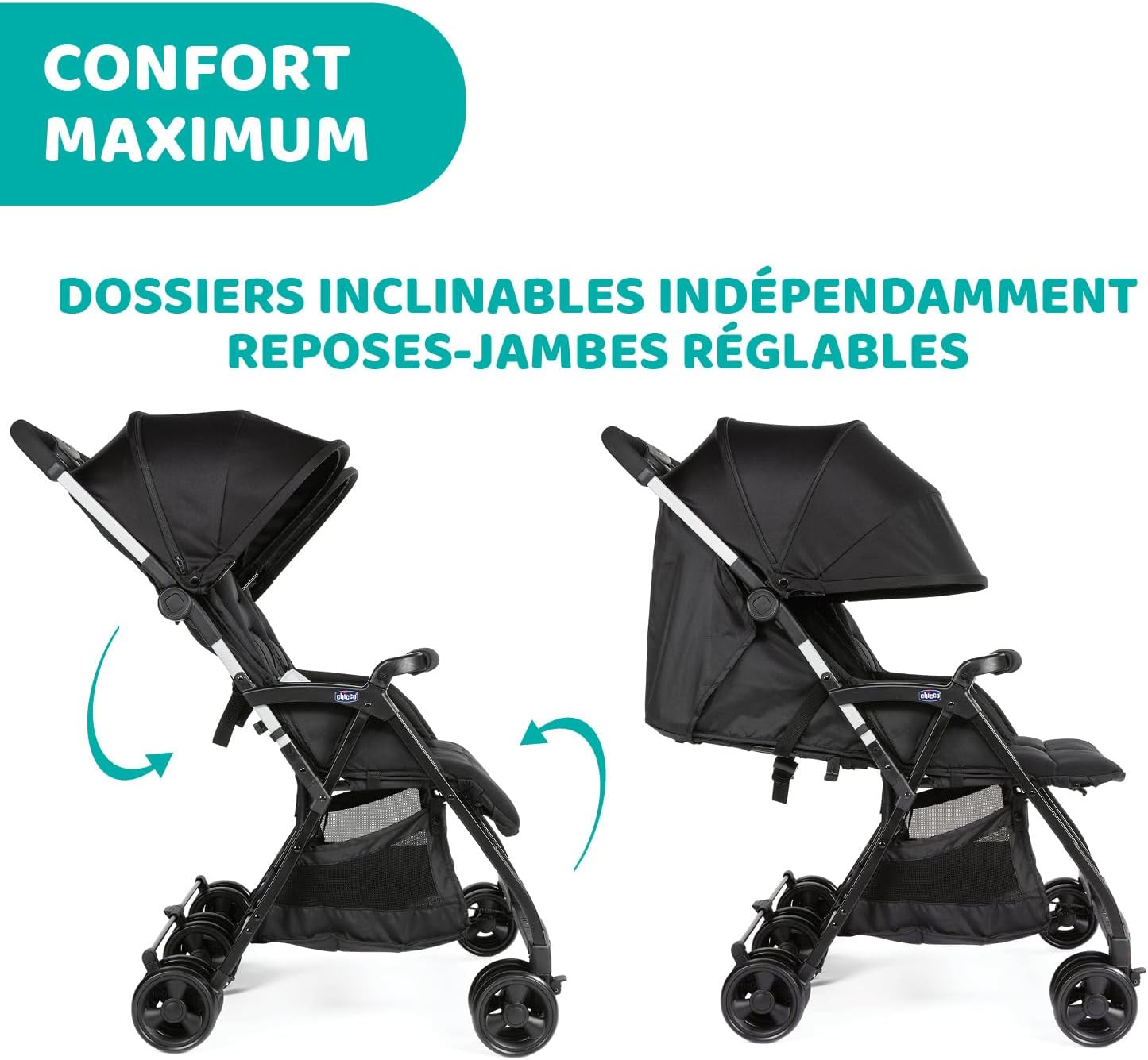 OHlalà Poussette Canne Double, Légère Inclinable et Pliable, Poussette pour Jumeaux de la Naissance à 15 kg, Fermeture Compacte, Inclus une Housse de Pluie, Capote Extensible - black night Black 1 Unité (Lot de 1)