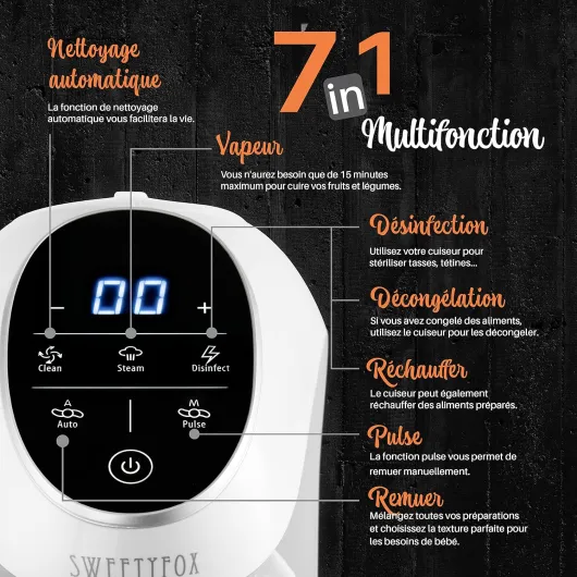 Cuiseur Mixeur Multifonctions 7-en-1 pour Bébé - Vapeur, Mixeur, Pulse, Nettoyage Automatique, Stérilise, Réchauffe, Décongèle - Robot Cuiseur Multifonctions