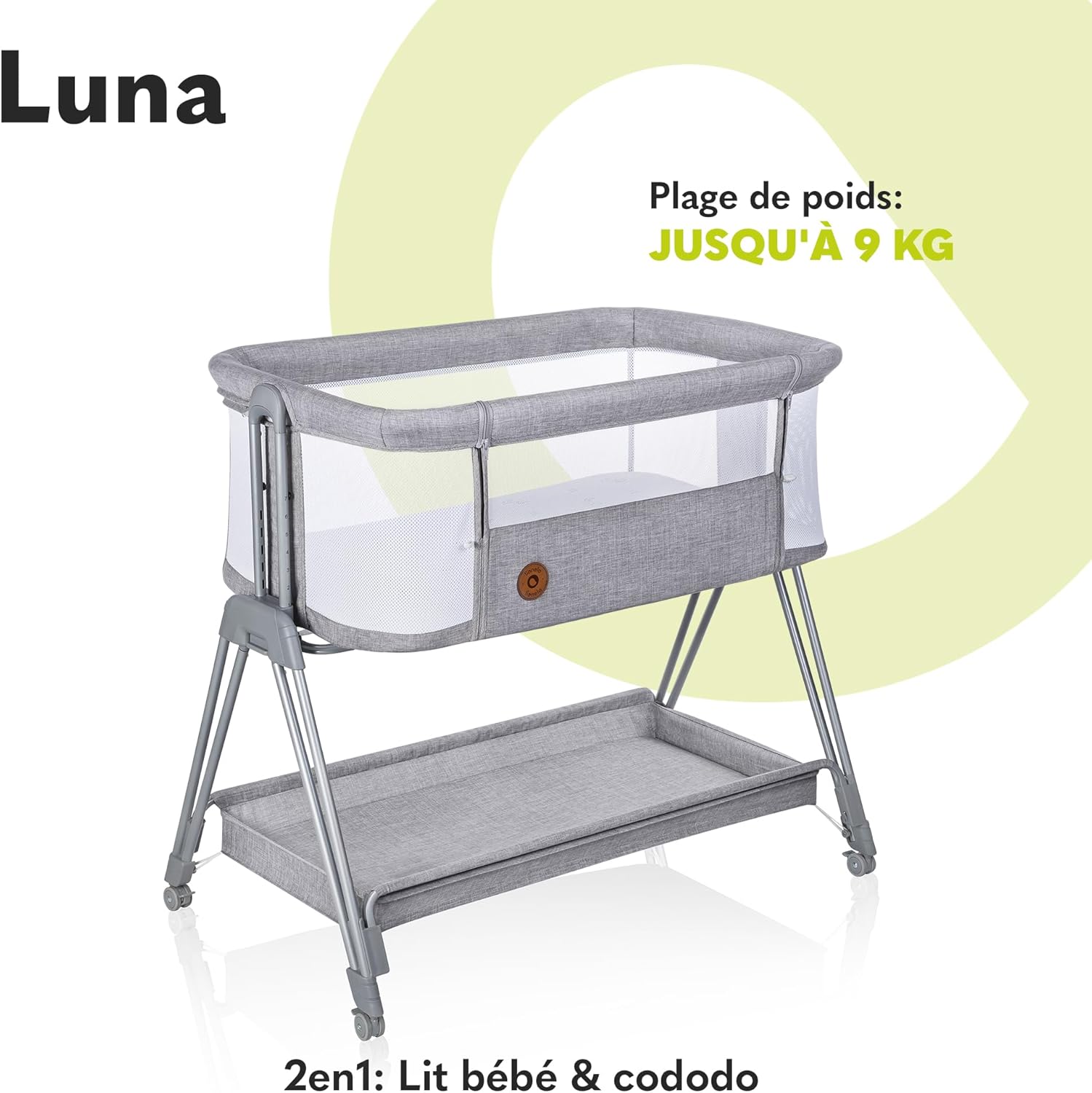 Luna, lit Bebe indépendant, cododo avec Matelas, co-Sleeping, du Nouveau-né à 9 kg - Hauteur et Inclinaison réglables, 4 Roues avec Blocage, Fixation au lit des Parents, aéré (Grey) Grey Einzel