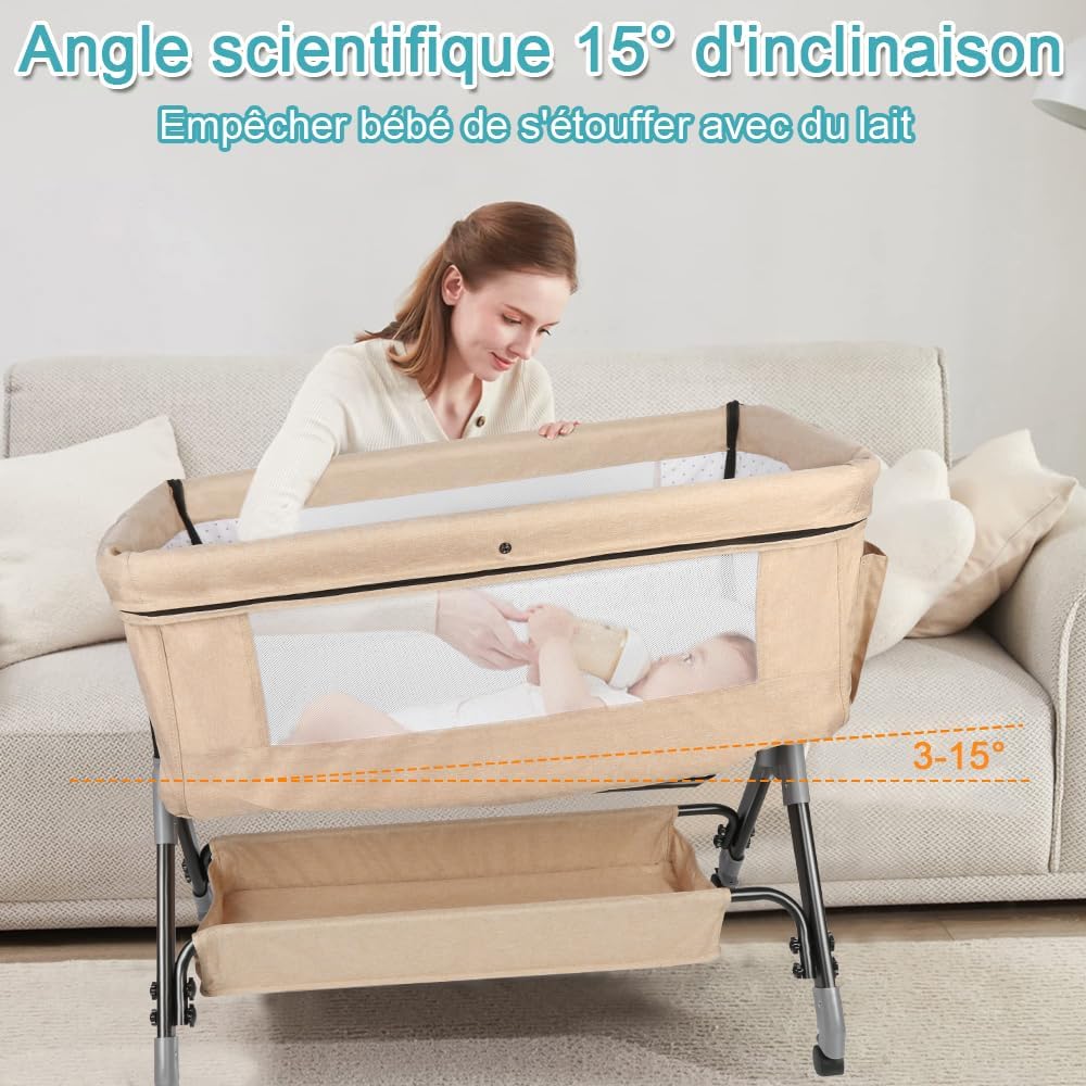 Lit Cododo Bebe Berceau Bebe à 4 Niveaux, Couffin pour Dormir Ensemble en Toute Sécurité, Lit d'enfant Portable Facile à Plier pour Nouveau-né/Nourrisson-104 * 52 * 100-110 cm - Blanc cassé 104*52*100-110 Cm - Blanc Cassé