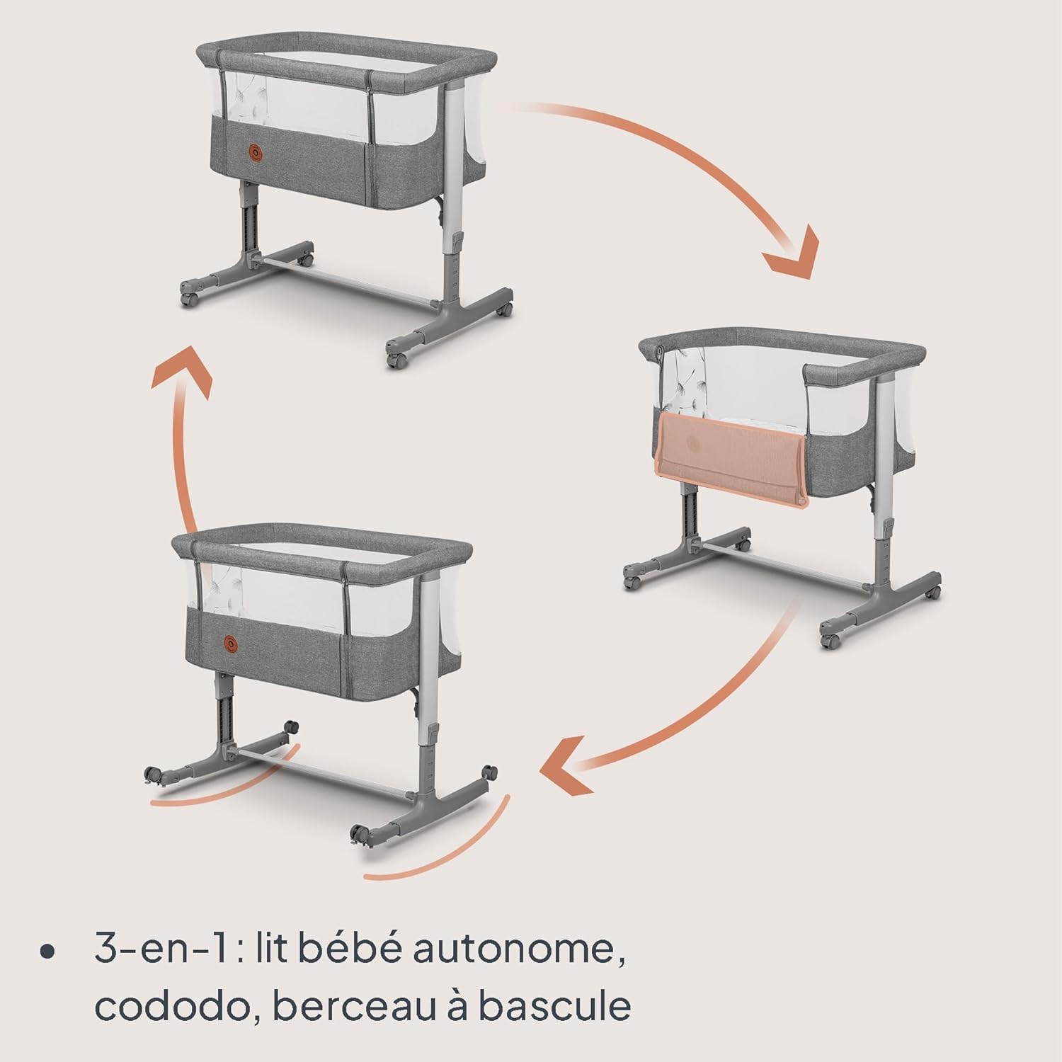 Aurora 3 en 1 Lit bébé jusqu'à 9 kg Cododo, Berceau Réglage de la Hauteur et de l’Inclinaison du Matelas 4 roulettes avec Freins Matelas Ergonomique Sac (Grey) Grey 85 x 60 x 66–81,4 cm