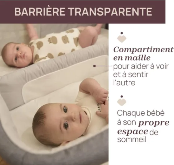 Next2Me Twins, Berceau Bébé Cododo pour Jumeaux, 2 Matelas, Rail Ouvrable à Une Main, 11 Niveaux de Hauteur, Barrière de Séparation avec Inserts en Filet, Berceau Double, 0-6 Mois Twins Magnet Grey