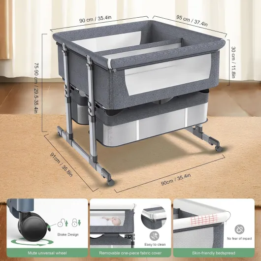 Lit Bébé Cododo avec Matelas,Berceau Cododo Bébé Pliable ,6 Niveaux de Hauteur Lit Bébé Jumeau avec Rampe Anti-reflux,Séparateur Amovible et Roues Silencieuses pour Nourrissons de 0 à 3 ans (Gris)