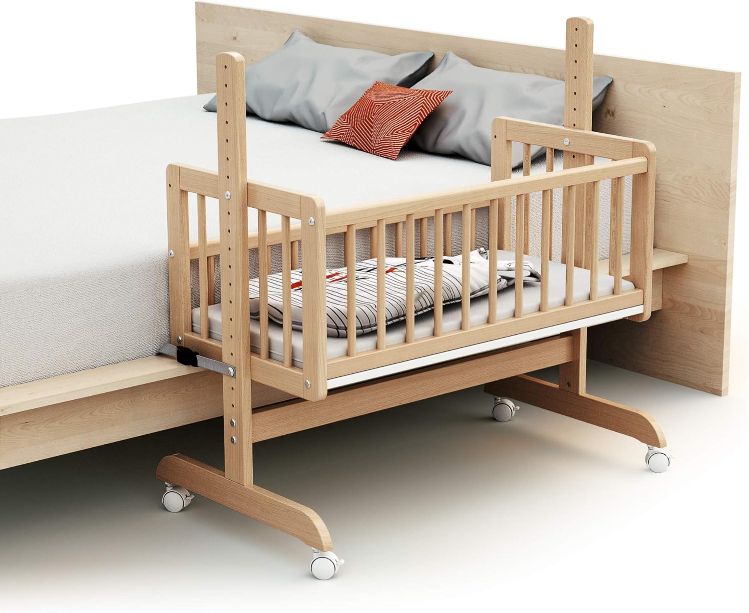 Berceau Cododo Essentiel Hêtre Verni - Berceau 5 en 1 -Bois Massif - Lit bébé avec Matelas - Réglable en Hauteur - 80x40cm - Transfomable et évolutif - Bureau Junior, Coffre à Jouets et Banc Lit bébé Beige