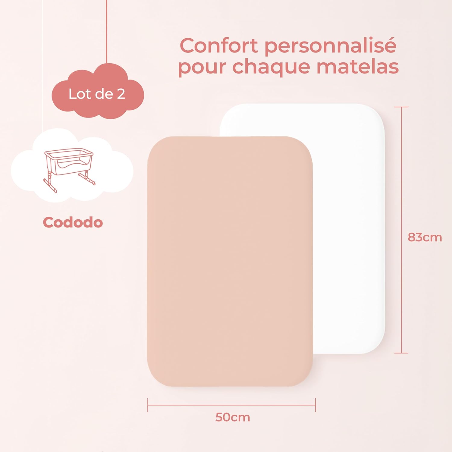 Lot de 2 Drap Housse cododo 50x83 cm - Coton certifié Oeko-Tex - Draps pour Poussette & couffin, adaptés aux Matelas 50x83 cm - Rose/Blanc Rose / Blanc 50 x 83 cm