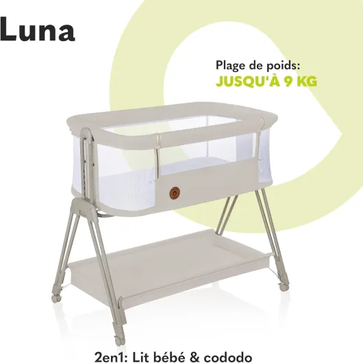 Luna, lit Bebe indépendant, cododo avec Matelas, co-Sleeping, du Nouveau-né à 9 kg - Hauteur et Inclinaison réglables, 4 Roues avec Blocage, Fixation au lit des Parents, aéré (Beige) Beige Einzel