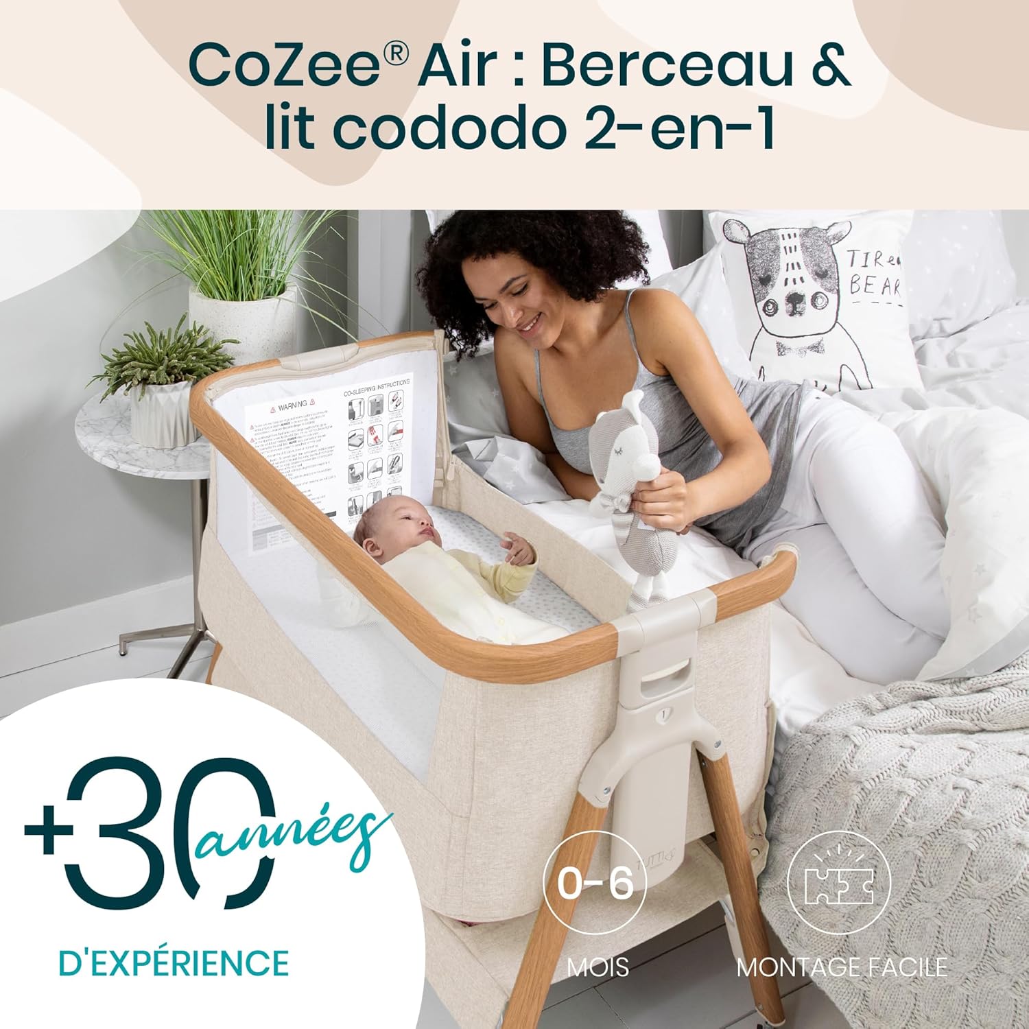 CoZee® Air Berceau Bébé & Lit Cododo - Lit Bébé Bascule Pliable avec Sac de Transport - Matelas Deluxe Respirant & 6 Hauteurs Réglables - 0-6 Mois (Noyer & Écru) CoZee Air Noyer & Écru