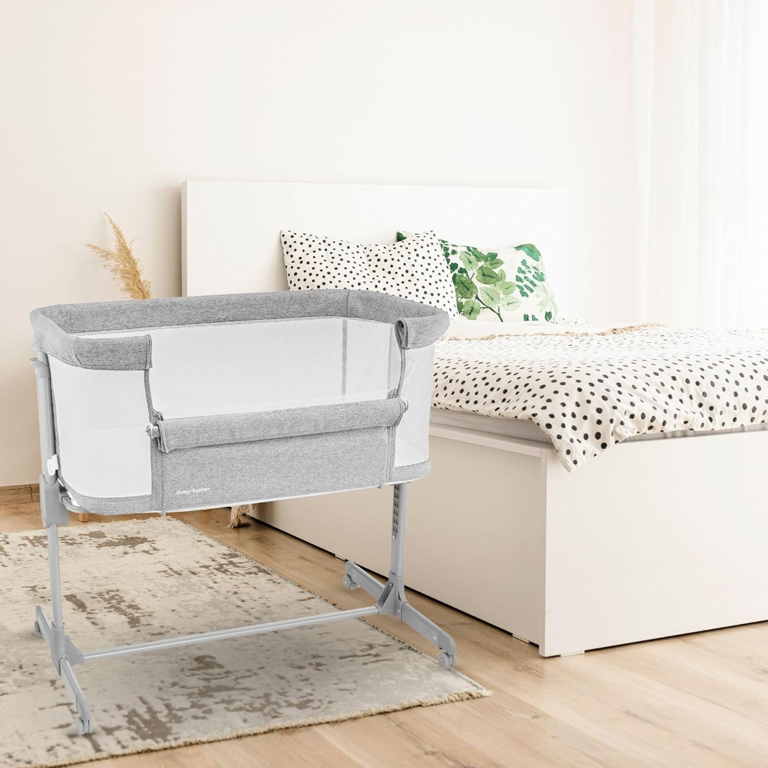Moby-System Luna Lit Parapluie Bébé avec Matelas 3 en 1 - Lit Cododo Bebe jusqu'à 9 kg (0-6 Mois), Hauteur Réglable 7 Niveaux, Compatible avec Plusieurs Lits