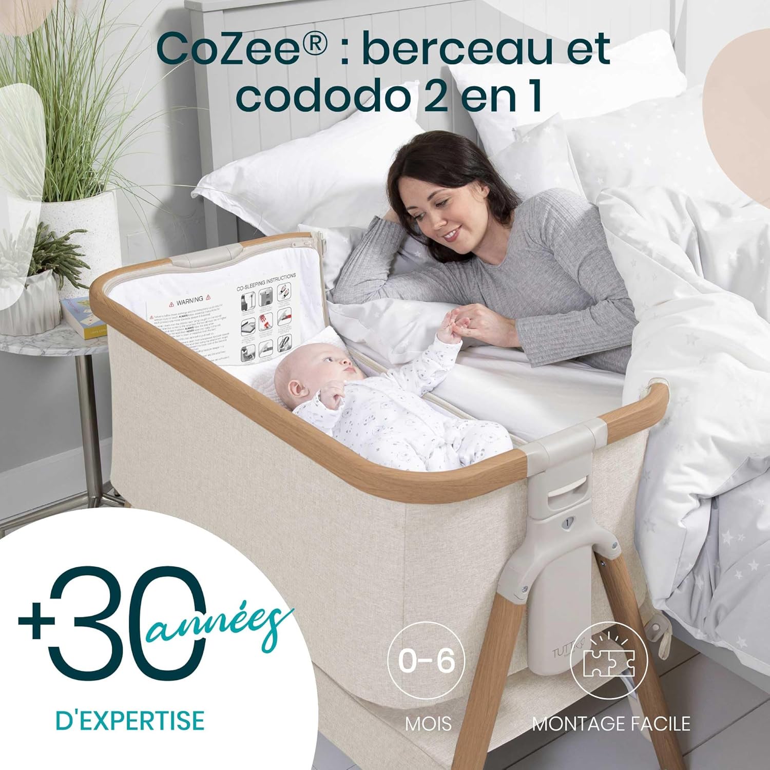 CoZee® Berceau Bébé & Lit Cododo 2-in-1 - Lit Bébé avec Matelas Respirant - 6 Hauteurs Réglables - Fenêtre D'Aération - Pliable - 0-6 Mois (Noyer & Écru) CoZee Noyer & Écru