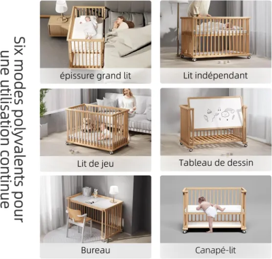 Lit Bebe evolutif 6 en 1 -Lit pour Bebe,Cododo,Canapé-lit et Parc,Ardoise,Lit à barreaux，Bureau,en Hêtre Massif Naturel,Lit Bébé (Bois)