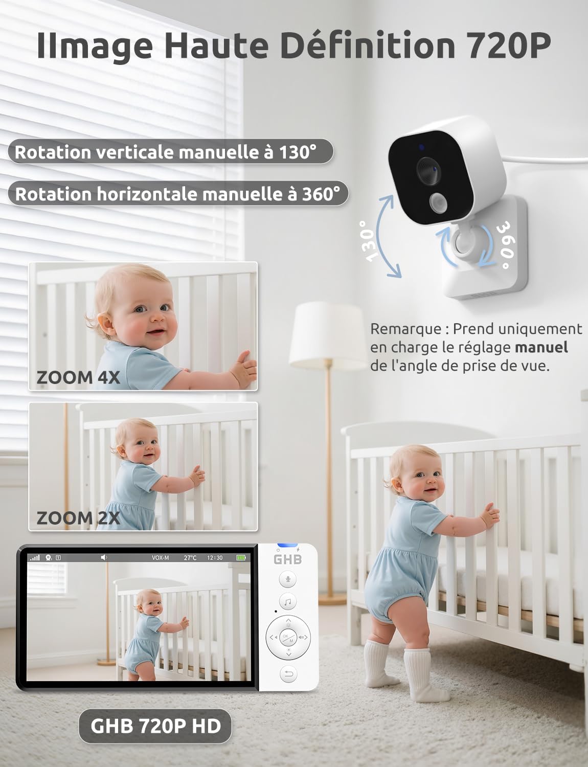 Babyphone Camera 5" 720P HD Camera Bebe Surveillance 5000mAh Écran IPS Zoom 4X Vision Nocturne VOX Capteur de Température Non Rotation à Distance 5 Pouces Sans Rotation Zoom