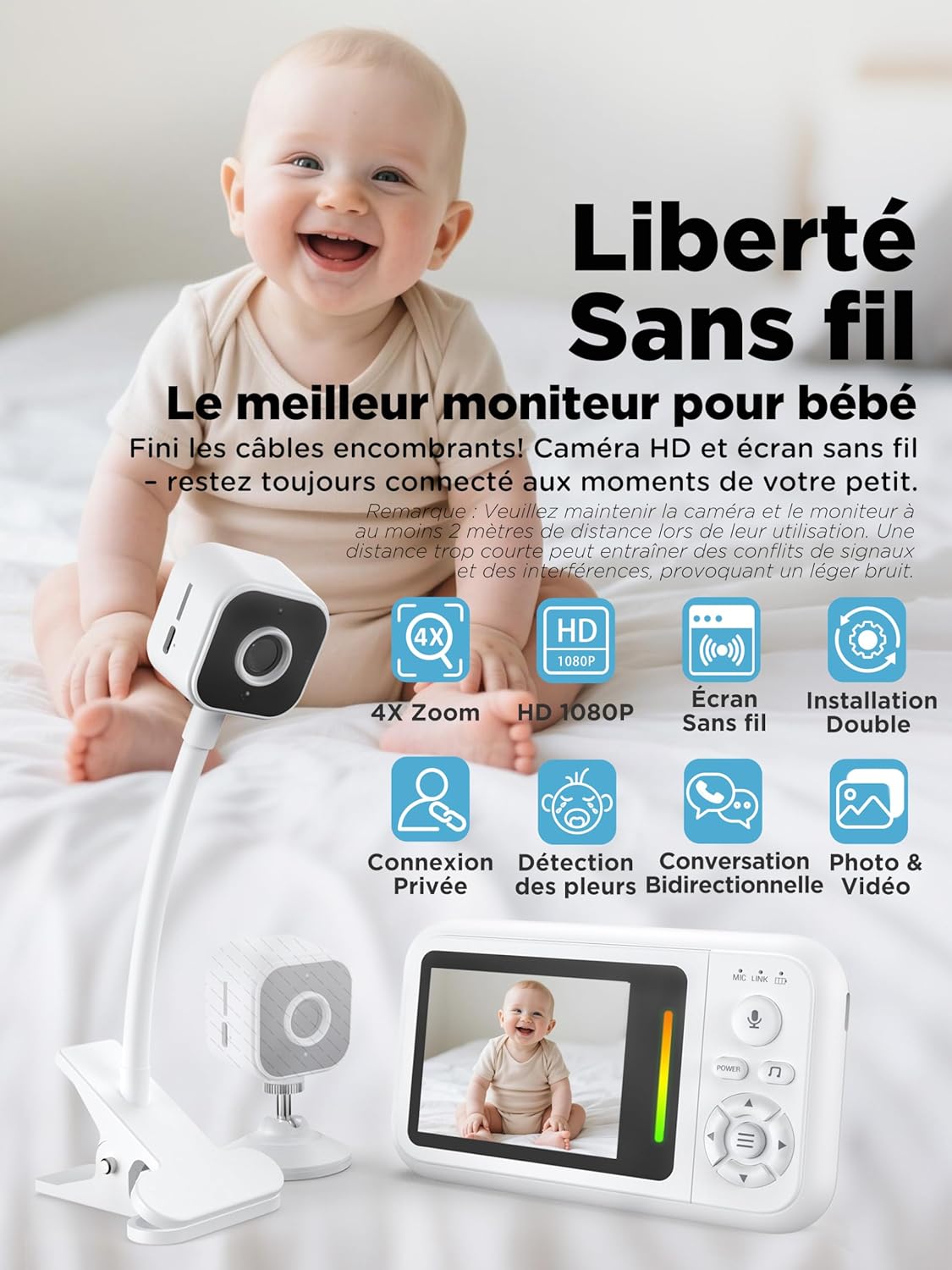 Babyphone Camera avec Clip et Support pour Lit, 1080P Camera Bebe Surveillance sans WiFi, Vision Nocturne, Audio Bidirectionnel, Détection des Pleurs, Carte 32G, Facile à Installer, Cadeau Naissance