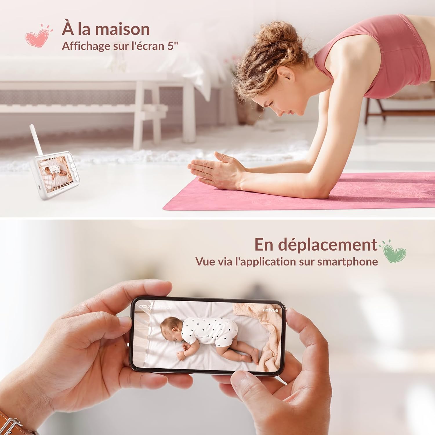 Babyphone Camera 1080P avec Support 4 en 1, sans Fil 5" Babyphone 5000mAh, sans WiFi Camera Bebe avec App, Vision Nocturne, Audio Bidirectionnel, Détection des Pleurs, Mode VOX