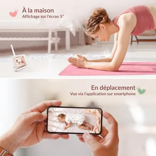 Babyphone Camera 1080P avec Support 4 en 1, sans Fil 5" Babyphone 5000mAh, sans WiFi Camera Bebe avec App, Vision Nocturne, Audio Bidirectionnel, Détection des Pleurs, Mode VOX