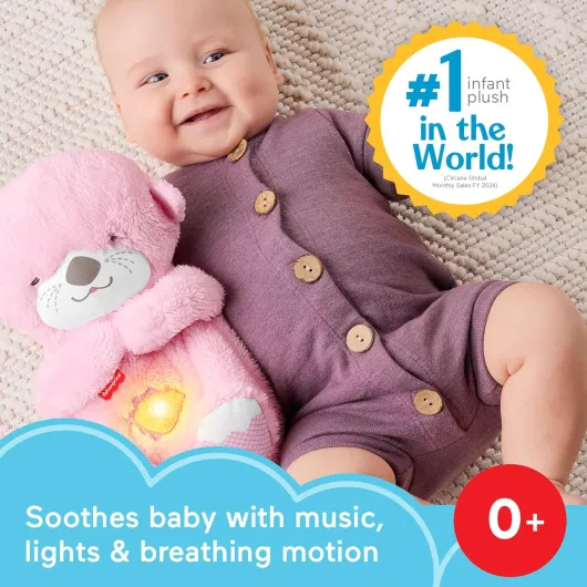 Fisher-Price – Ma Loutre Câlins Bonne Nuit, veilleuse musicale en peluche rose avec mécanisme de respiration et lumières, pour bébés dès la naissance, JLJ33 Loutre Rose