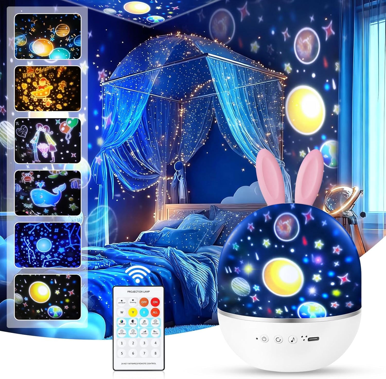 Veilleuse Enfant Lampe Etoile Projecteur, Veilleuse Bébé, Lampe Etoile Projecteur Veilleuse Enfant, 360°Rotation Telecommandé et Minuterie, Rechargeable Lampe Veilleuse musicale et lumineuse Lapin