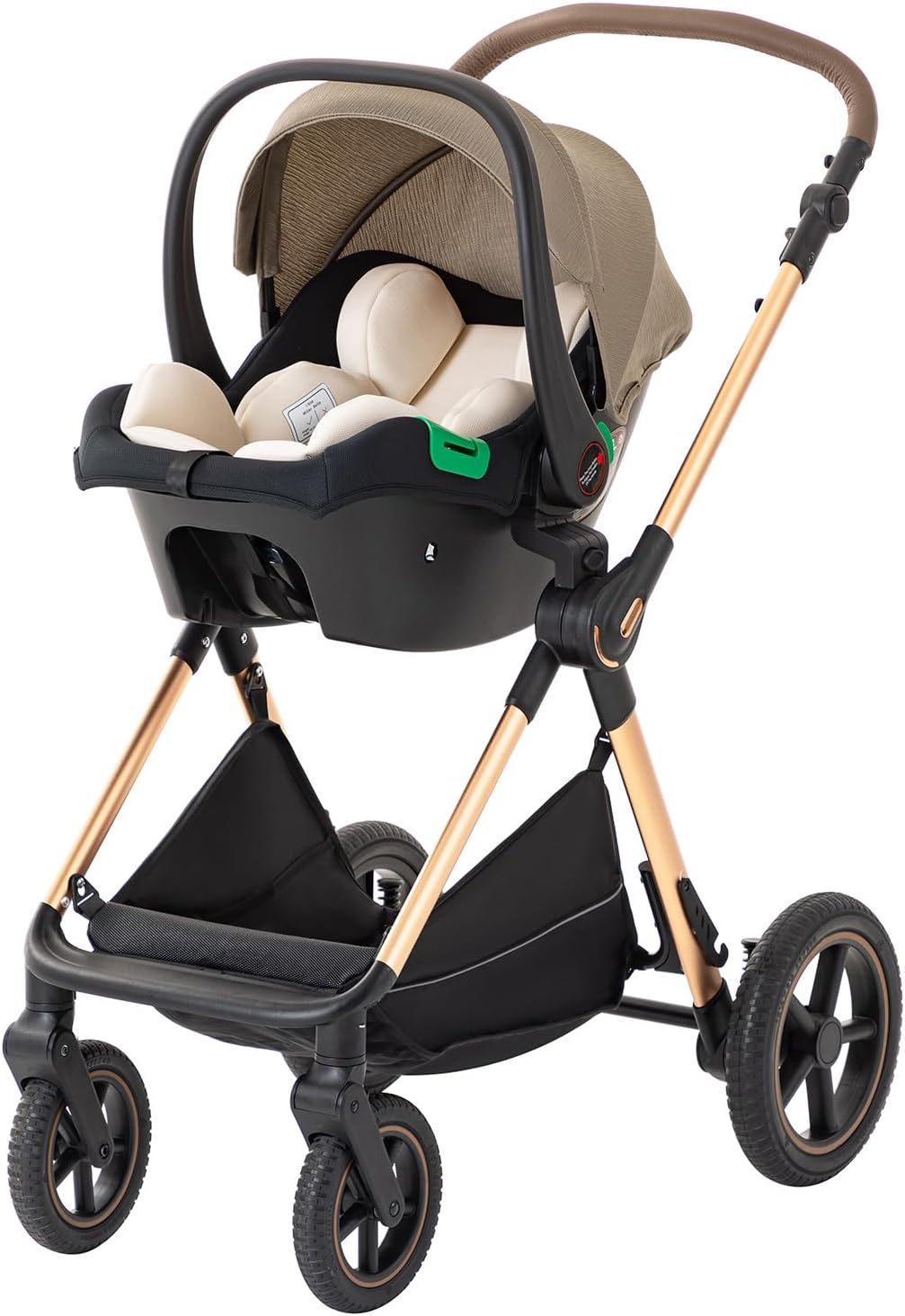 BEBBY Poussette 3 en 1, Poussettes Combinée Portable Pliant en Un Clic，Poussettes Citadines Avec Siège Auto, Poussette Canne Paysage Haut Cadre en Aluminium Pour Nouveau-né (D2-LIGHT BROWN, H2-D) D2--LIGHT BROWN H2-D