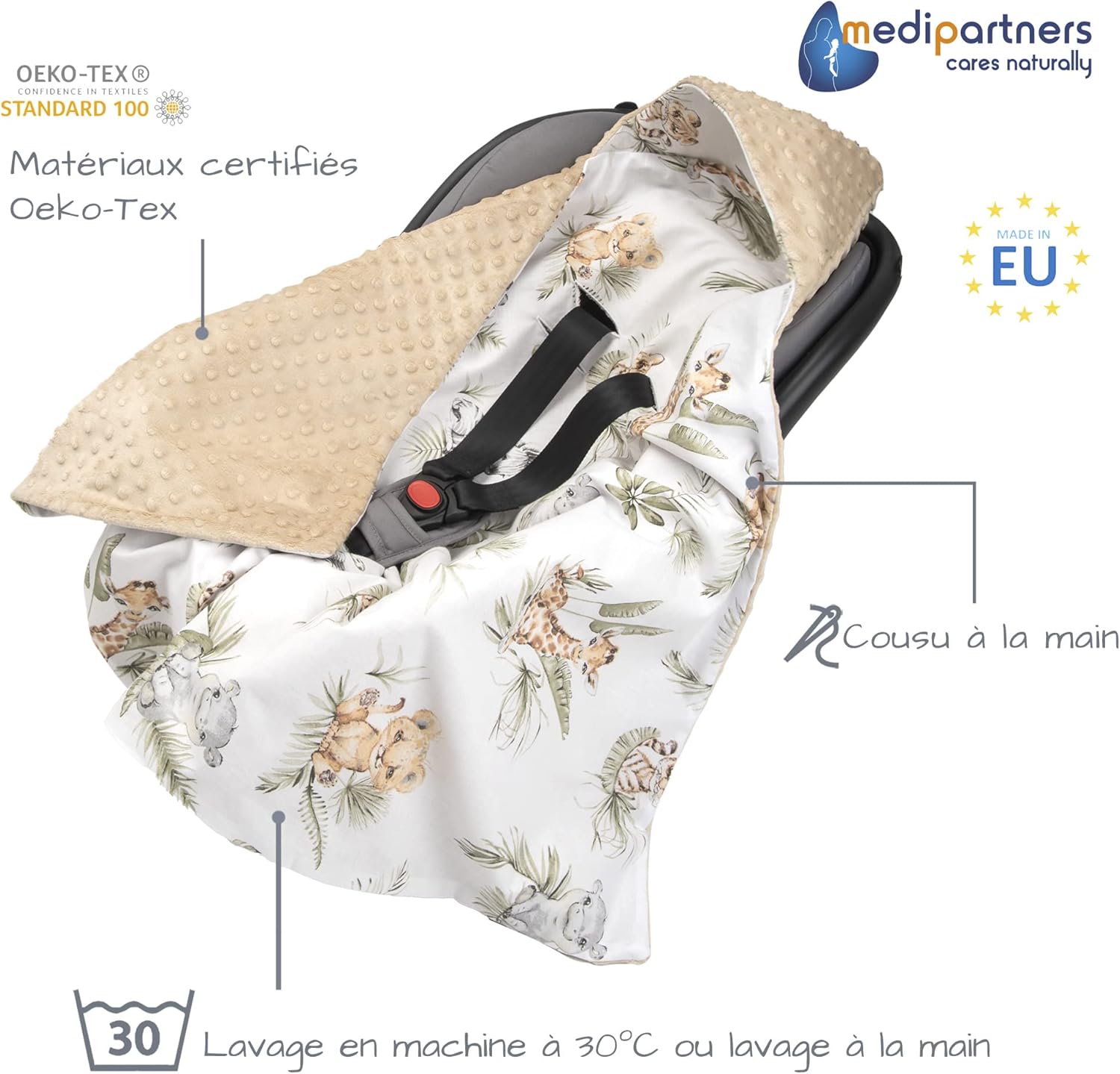 Nid d'ange Bebe été Couverture enveloppante Bébé Siege Auto 85x85cm Couvertures Bebe nid d'ange Une Douce Oeko-Tex Moelleuse pour landaus (Safari avec Minky Beige)