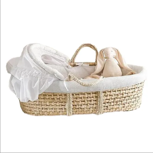 Couffin Moïse en Osier Naturel - Berceau Tressé en Fibres de Maïs - Couffin Bébé avec Literie en Coton, Doublure Rembourrée et Capuche Rétractable Couffin, Capuche et Literie