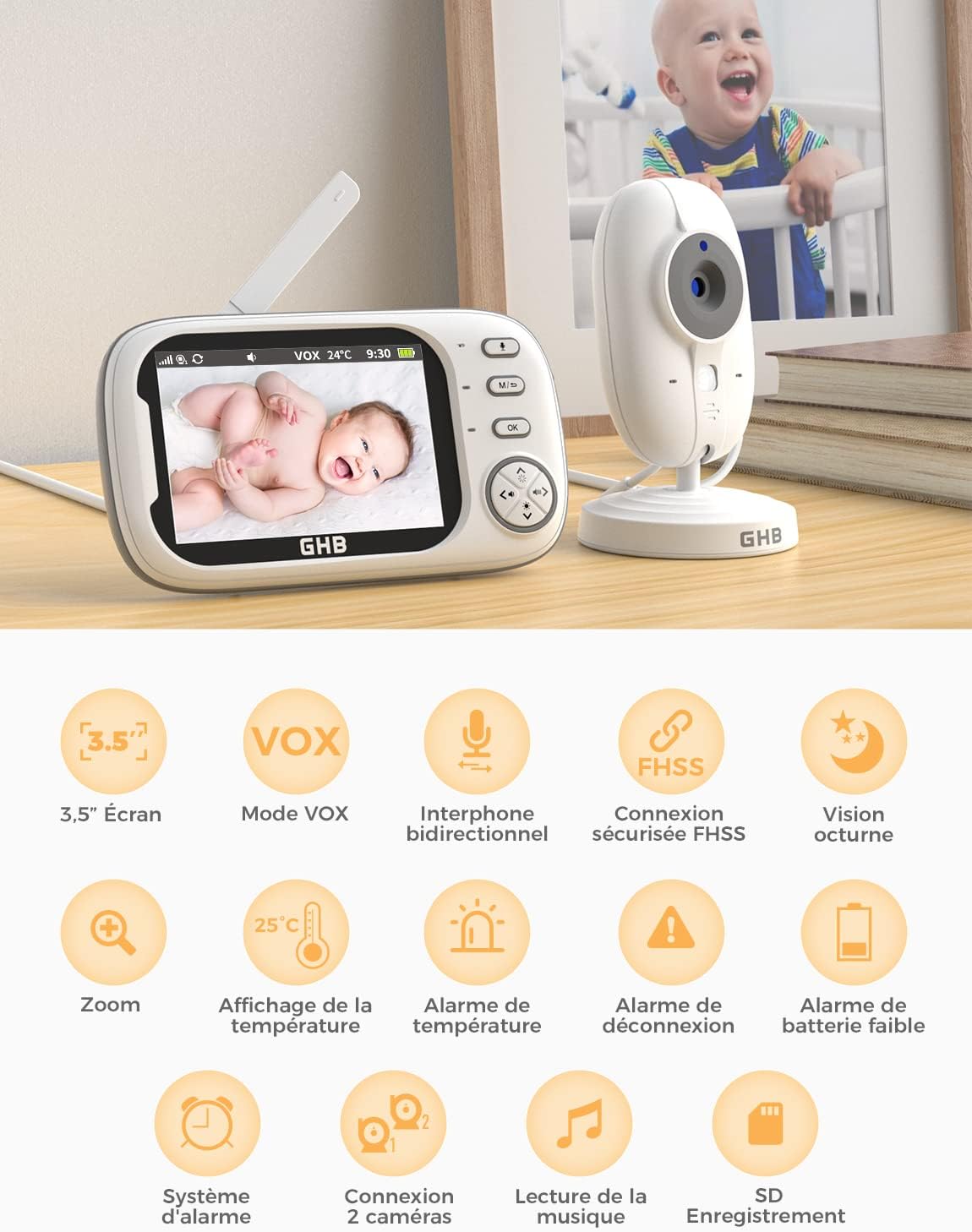 Babyphone Camera Écran LCD 3,5 inches Camera Surveillance Bebe 4X Zoom 8 Berceuses sans WiFi 2,4 GHz Surveillance de Température Vision Nocturne 720P 3.5 Pouces