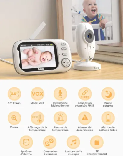 Babyphone Camera Écran LCD 3,5 inches Camera Surveillance Bebe 4X Zoom 8 Berceuses sans WiFi 2,4 GHz Surveillance de Température Vision Nocturne 720P 3.5 Pouces