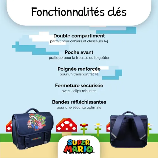 Cartable Primaire Garçon 38 cm - Grand Rangement - Tons Bleu - Différents Modèles & Licences Super Mario - Bleu
