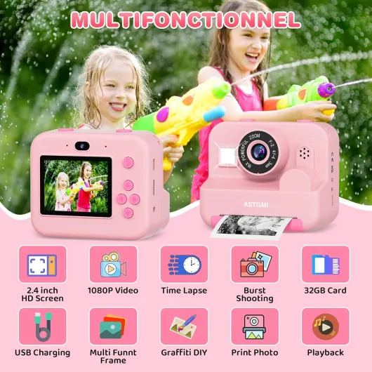 Appareil Photo Enfant, Appareil Photo Instantané 2.4" Écran avec Papier d'impression et Carte 32GB, Mode Video et Selfie, Jouet Cadeau pour Filles Garçons Enfant de 3-14 Ans(Rose)