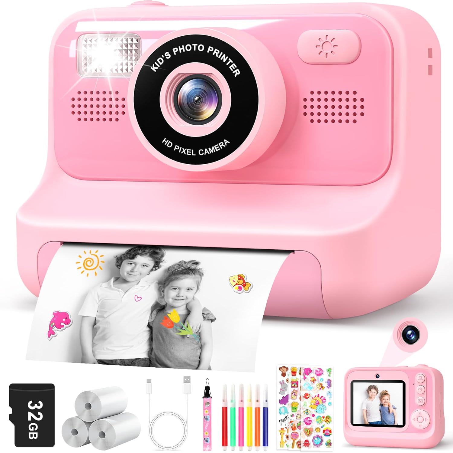 Appareil Photo Instantané Enfant - 2.4 Écran Appareil Photo Numérique Enfant avec Mode Selfie et Carte 32GB et Papier d'impression - Cadeau Jouet pour Enfant Garçons Filles de 3-12 Ans - Rose