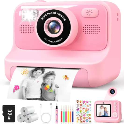 Appareil Photo Instantané Enfant - 2.4 Écran Appareil Photo Numérique Enfant avec Mode Selfie et Carte 32GB et Papier d'impression - Cadeau Jouet pour Enfant Garçons Filles de 3-12 Ans - Rose