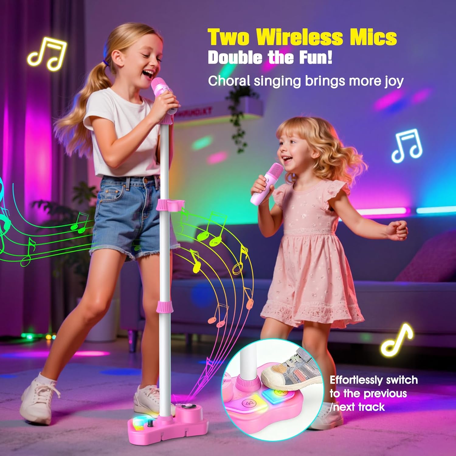 Microphone Enfant avec Support Réglable, Micro Double sans Fil, Lights LED Colorées, Bluetooth, Cadeau Jouet Musical pour Filles Garçons 3 Ans et Plus (Rose)