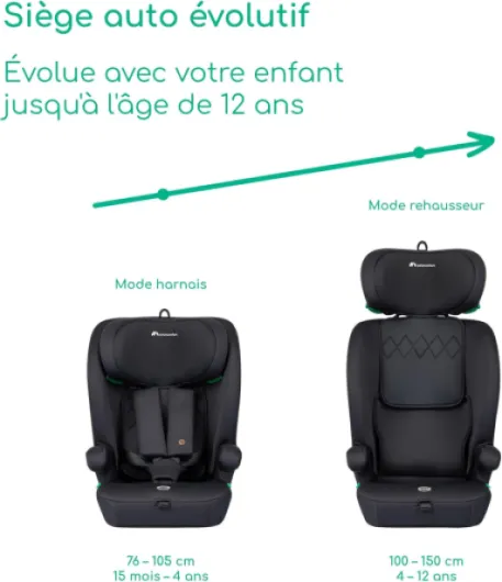 Ever i-Safe, Siège Auto Rehausseur Évolutif, 15 mois-12 ans, 76-150 cm, Siège Auto, Sécurité R129, Protection Chocs Latéraux, 11 Positions d'Appui-tête, Accoudoirs Intégrés, Full Black