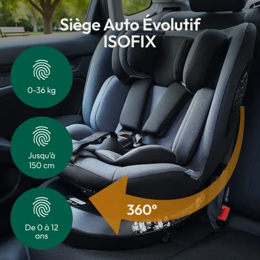 Siège Auto Bébé 0 à 36kg ISOFIX I-Size 40-150 cm, ECE R129 Siège Auto Isofix Pivotant 360 Inclinable pour Bébé et Enfant jusqu’à 12 Ans, Housse Amovible, Rembourrage Supplémentaire, Gris Foncé
