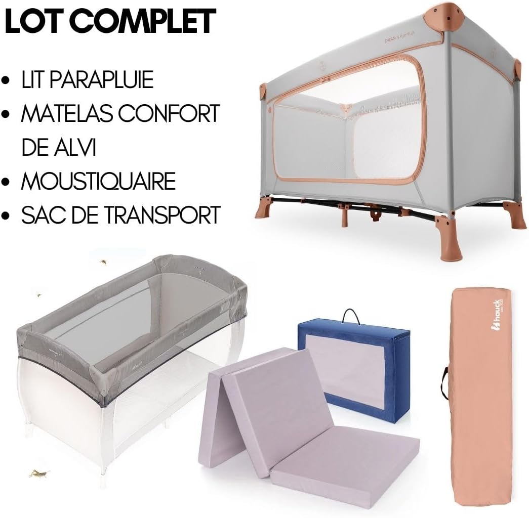 Lot Lit Parapluie Bebe avec Matelas Dream N Play Plus 120x60 cm - avec Moustiquaire, Grande Ouverture Latérale et Sac de Transport - Dusty Cork accés latéral Dusty Mint