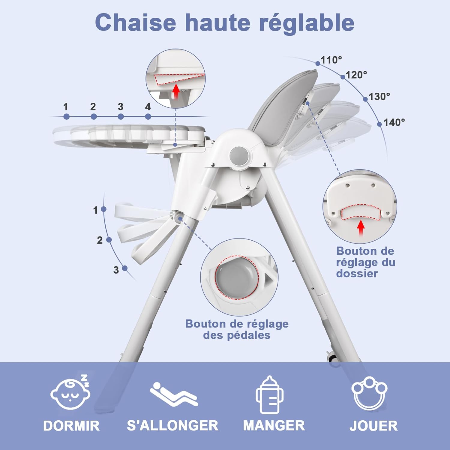 Chaise Haute Bébé Evolutive, Chaise Haute Pliable con Double Plateau Détachable, 4 Positions d'Inclinaison, 5 Positions de Hauteur, Chaise Haute pour Bébé de 6 à 36 mois Gris