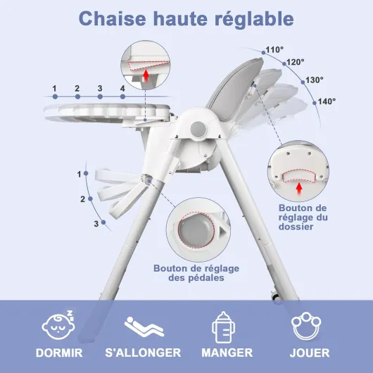 Chaise Haute Bébé Evolutive, Chaise Haute Pliable con Double Plateau Détachable, 4 Positions d'Inclinaison, 5 Positions de Hauteur, Chaise Haute pour Bébé de 6 à 36 mois Gris