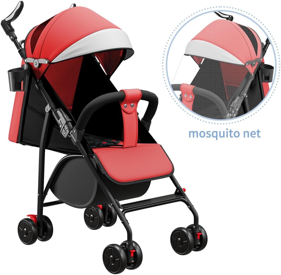 Poussette Canne Multipositions, Compacte et Légère, 0 à 4 ans (22kg max), poussette citadine, Réglable, Harnais 5 points,Rouge B,47*72*97cm,Rouge