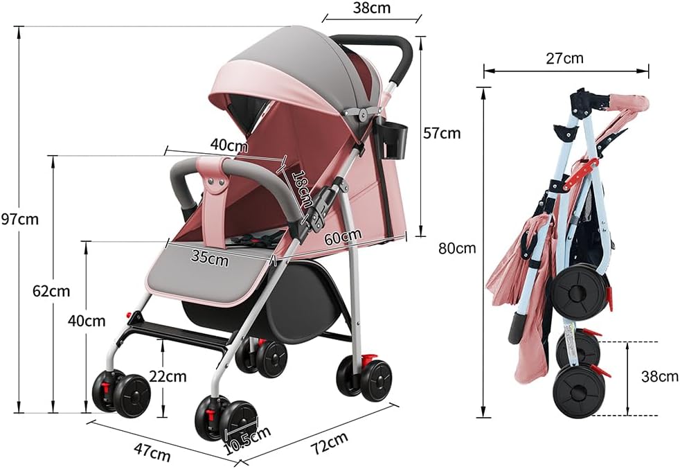 Poussette Canne,Poussette Bebe Légère et Compacte, réglage du dossier jusqu’à la position couchée, voyager, compact, portable,Rose C,47*72*97cm- rose