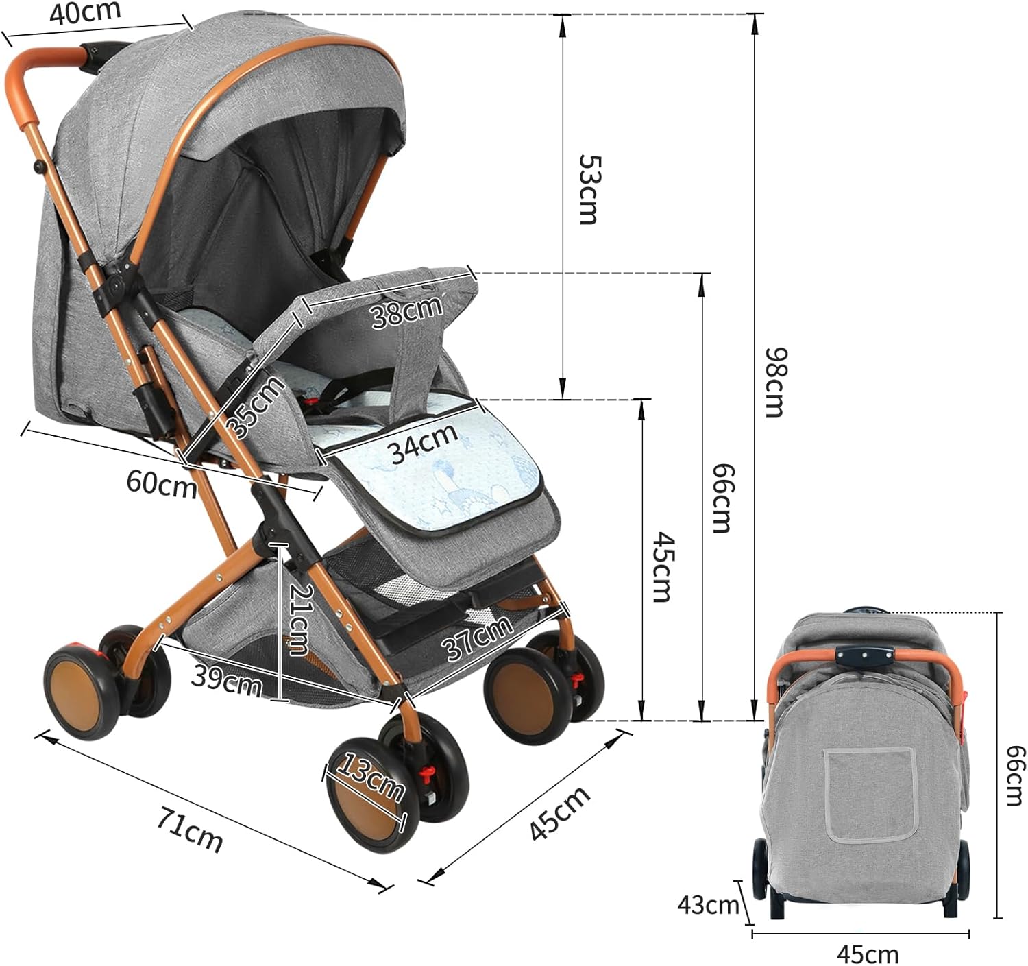 Poussette Canne,Poussette Bebe Légère et Compacte, réglage du dossier jusqu’à la position couchée,45 * 71 * 98cm, S'asseoir/se coucher/pousser/tirer, Moustiquaire en coton, gris D,45*71*98cm,Gris