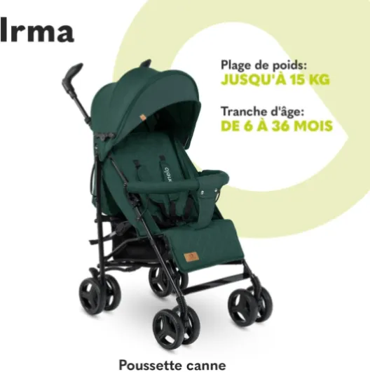 Irma poussette canne à 15 kg, légère et compacte, réglage du dossier jusqu’à la position couchée, grand panier système de pliage rapide, moustiquaire, chauffe-pieds Vert Vert 1 Unité (Lot de 1)